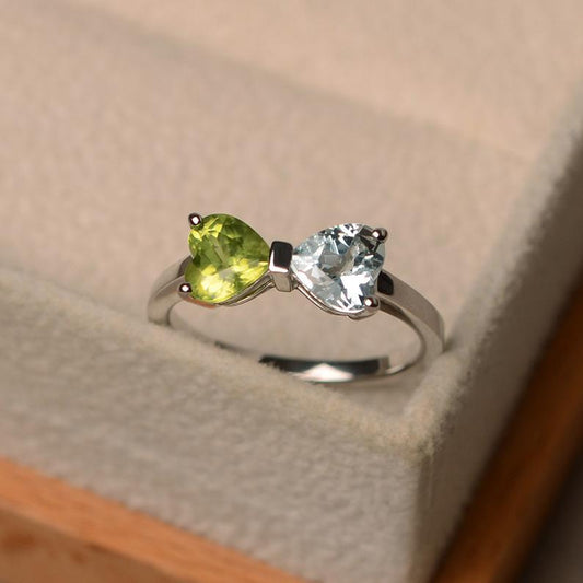 2 CT Trillion Cut Aquamarine & Peridot Double Stone Bow Ring In 925 Sterling Silver