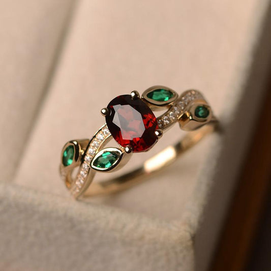 2.10 Ct Oval Cut Red Garnet & Marquise Emerald Leaf Style Ring Yellow Gold Over On 925 Sterling Silver