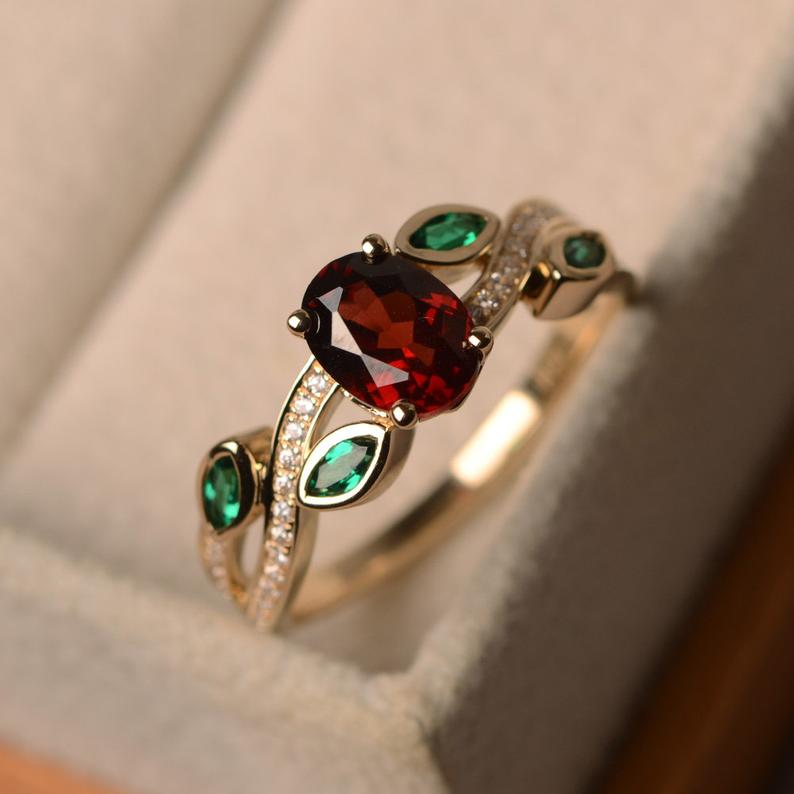 2.10 Ct Oval Cut Red Garnet & Marquise Emerald Leaf Style Ring Yellow Gold Over On 925 Sterling Silver