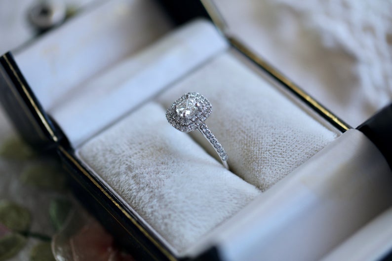 1 Ct Cushion Cut White Diamond White Gold Over On 925 Sterling Silver Double Halo Engagement Ring