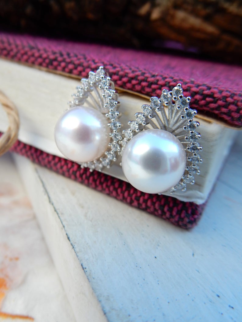 0.75 Ct Round White CZ & Round Pearl 925 Sterling Silver Anniversary Gift Stud Earrings For Her - atjewels.in