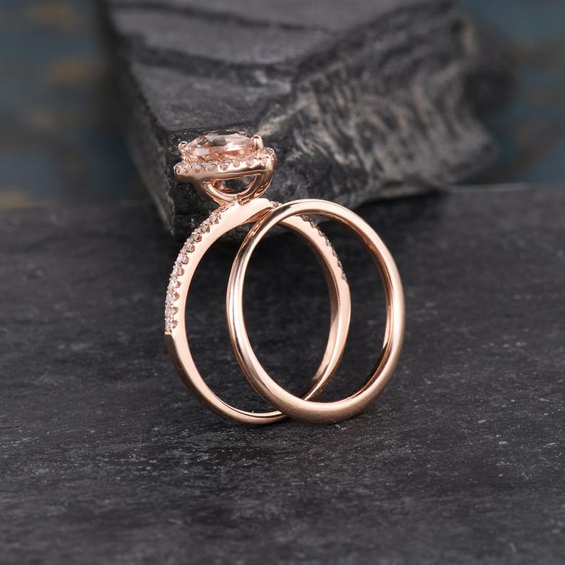 2.50 Ct Pear Cut Peach Morganite Rose Gold Over On 925 Sterling Silver Engagement Bridal Ring Set
