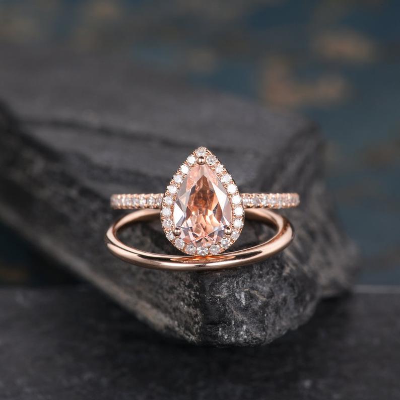 2.50 Ct Pear Cut Peach Morganite Rose Gold Over On 925 Sterling Silver Engagement Bridal Ring Set