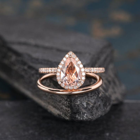2.50 Ct Pear Cut Peach Morganite Rose Gold Over On 925 Sterling Silver Engagement Bridal Ring Set