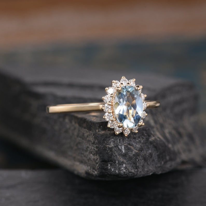 1.75 Ct Oval Cut Aquamarine Yellow Gold Over On 925 Sterling Silver Halo Anniversary Gift Ring
