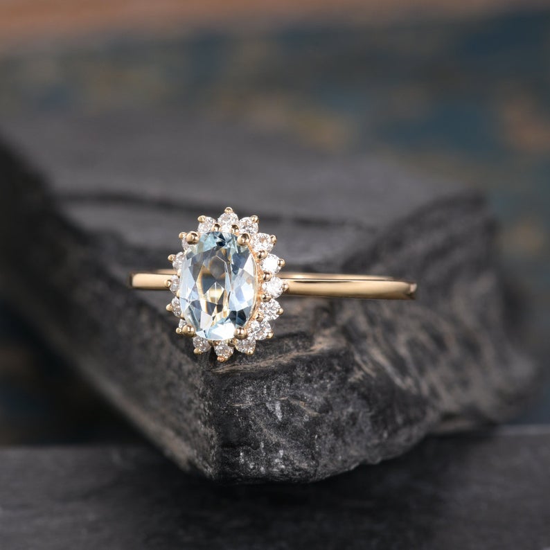 1.75 Ct Oval Cut Aquamarine Yellow Gold Over On 925 Sterling Silver Halo Anniversary Gift Ring