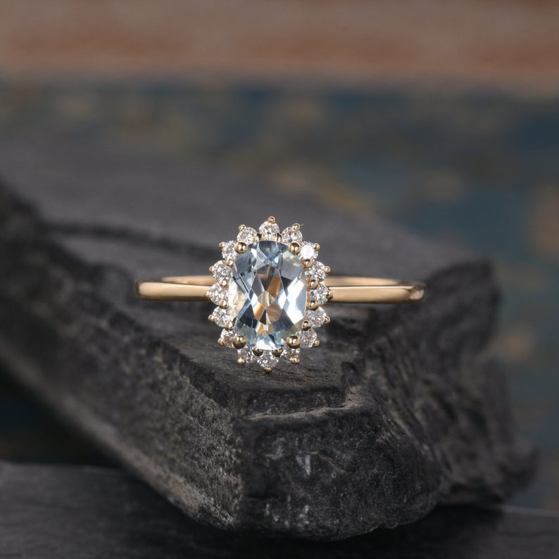 1.75 Ct Oval Cut Aquamarine Yellow Gold Over On 925 Sterling Silver Halo Anniversary Gift Ring
