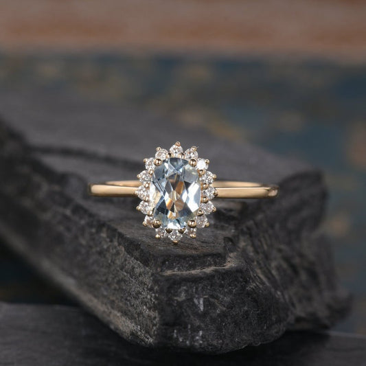 1.75 Ct Oval Cut Aquamarine Yellow Gold Over On 925 Sterling Silver Halo Anniversary Gift Ring
