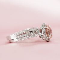 925 Sterling Silver 2 CT Round Cut Morganite Diamond Halo Wedding Bridal Ring Set