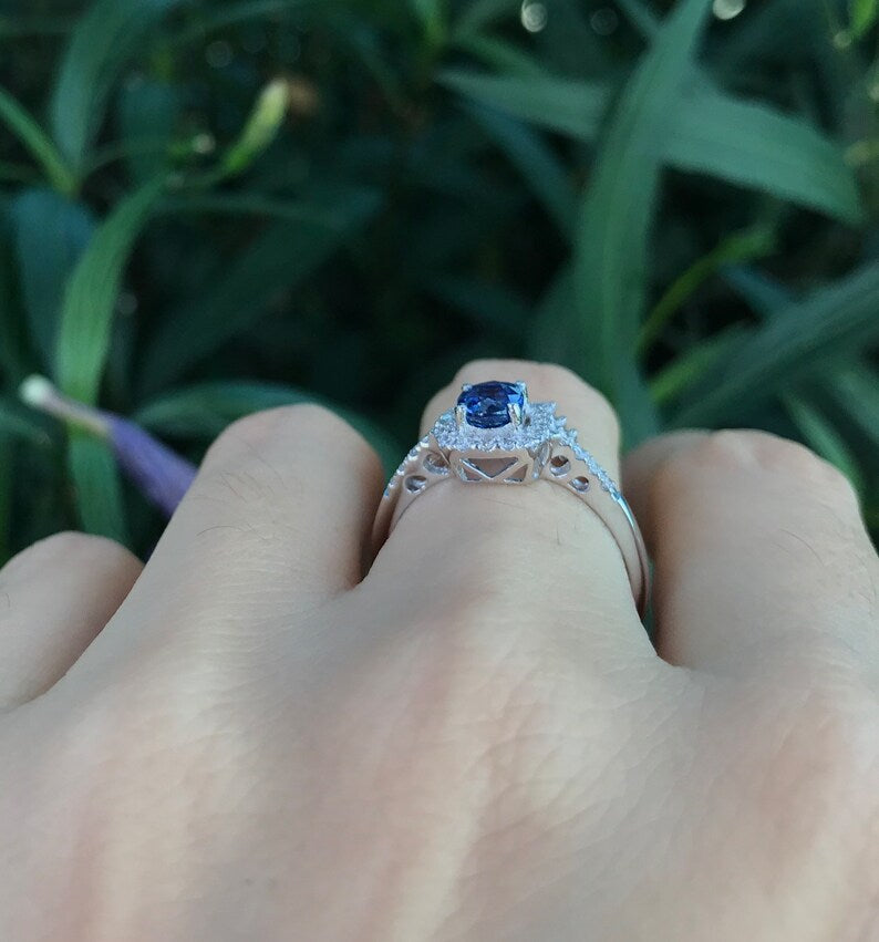 1 CT Oval Cut Blue Sapphire White Gold Over On 925 Sterling Silver Halo Engagement Ring
