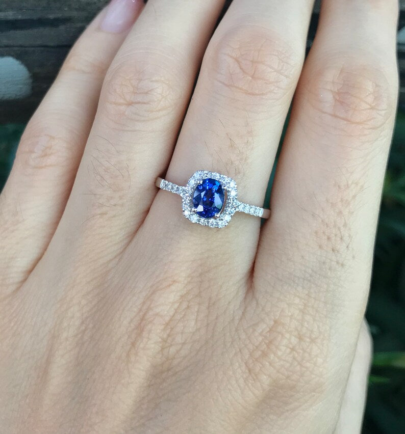 1 CT Oval Cut Blue Sapphire White Gold Over On 925 Sterling Silver Halo Engagement Ring