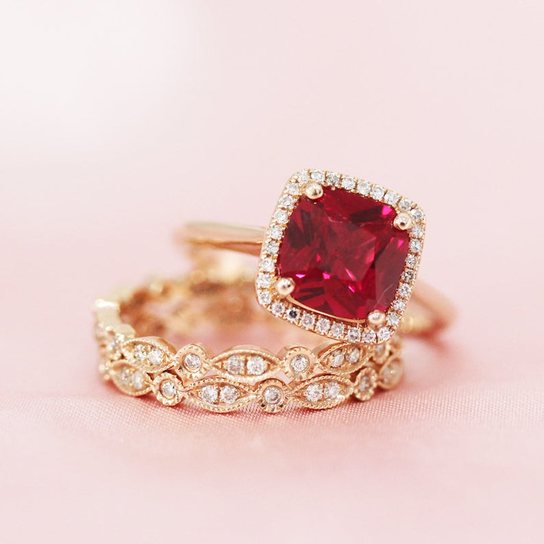 2 CT Cushion Cut Red Ruby Diamond 925 Sterling Silver Wedding Trio Ring Set