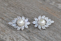3.50 Ct Marquise Cut CZ & White Sea Pearl Cluster Stud Earrings In 925 Sterling Silver