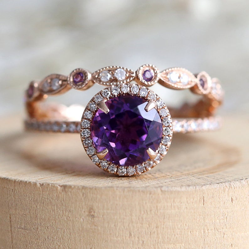 1 CT Round Cut Amethyst Diamond 925 Sterling Silver Halo Wedding Ring