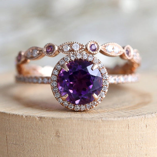 1 CT Round Cut Amethyst Diamond 925 Sterling Silver Halo Wedding Ring