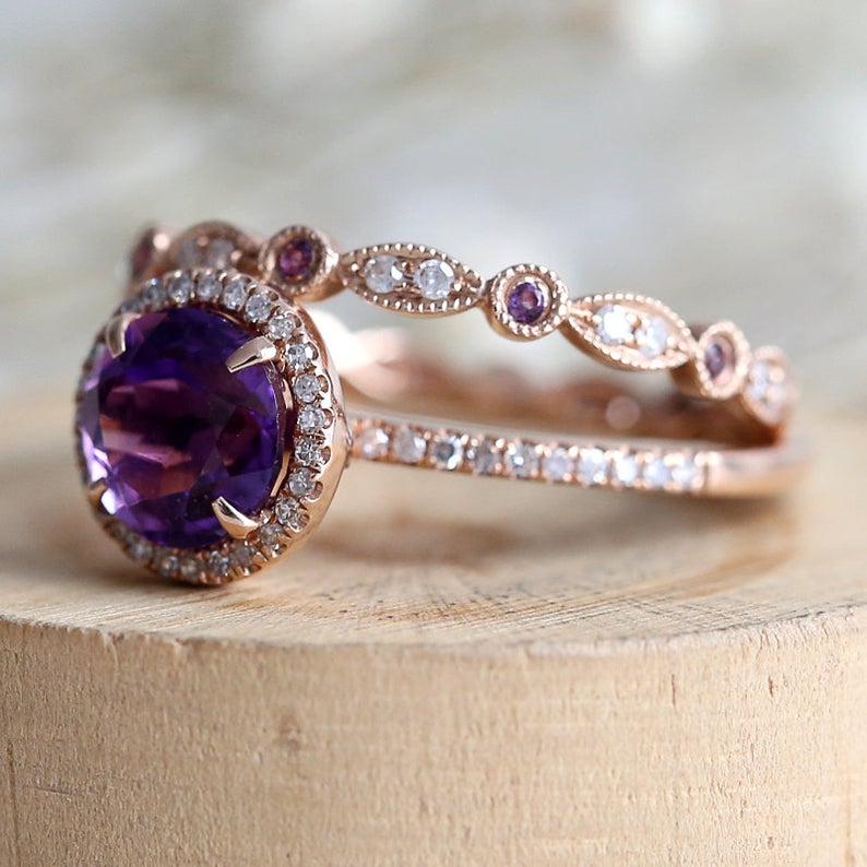 1 CT Round Cut Amethyst Diamond 925 Sterling Silver Halo Wedding Ring