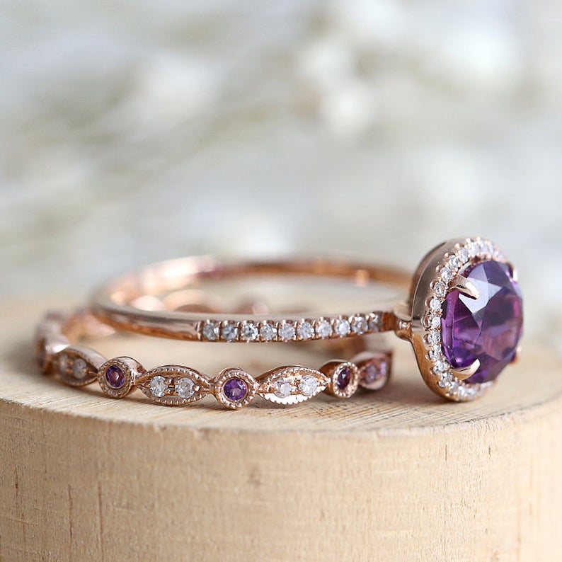 1 CT Round Cut Amethyst Diamond 925 Sterling Silver Halo Wedding Ring