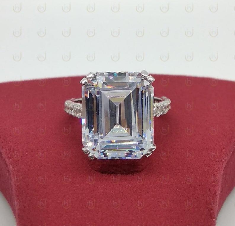 2 CT Emerald Cut CZ Diamond 925 Sterling Silver Solitaire With Accents Ring