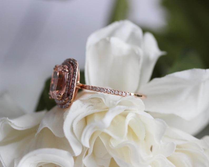 2 CT Cushion Cut Morganite Diamond 925 Sterling Silver Double Halo Ring