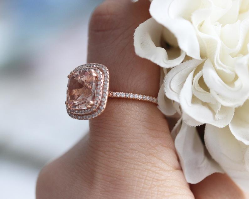 2 CT Cushion Cut Morganite Diamond 925 Sterling Silver Double Halo Ring