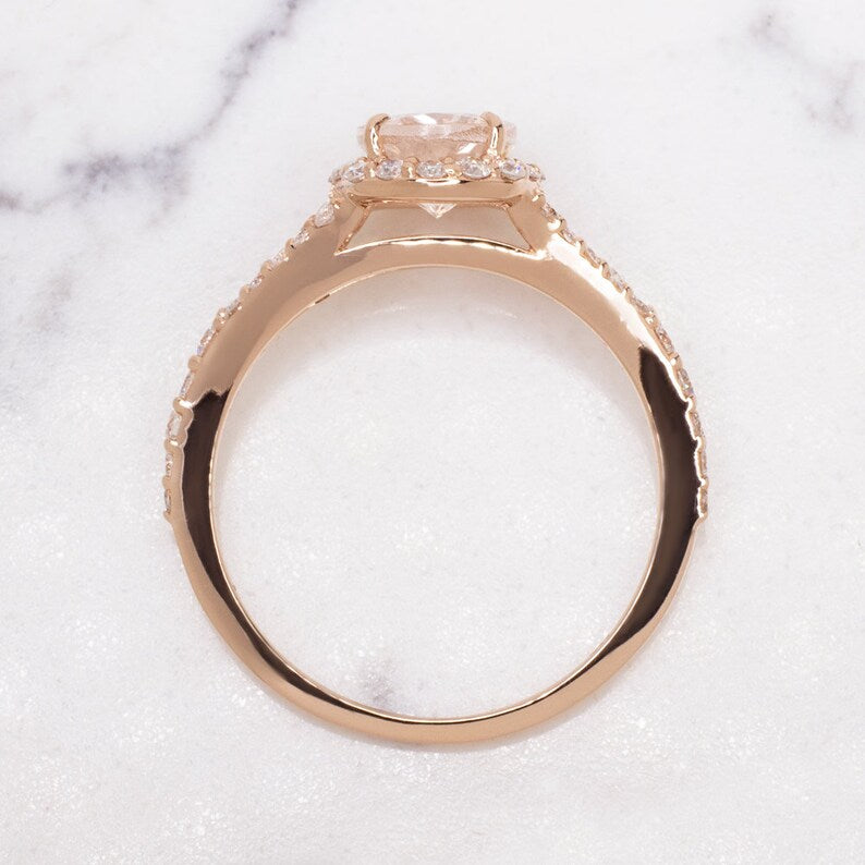 1 CT Oval Cut Peach Morganite Diamond Rose Gold Over On 925 Sterling Silver Halo Split Shank Engagement Ring