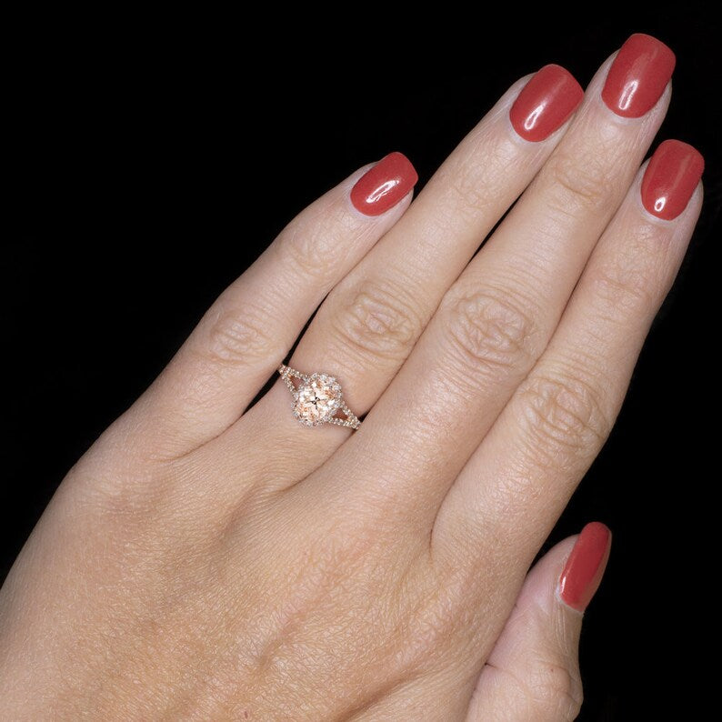 1 CT Oval Cut Peach Morganite Diamond Rose Gold Over On 925 Sterling Silver Halo Split Shank Engagement Ring