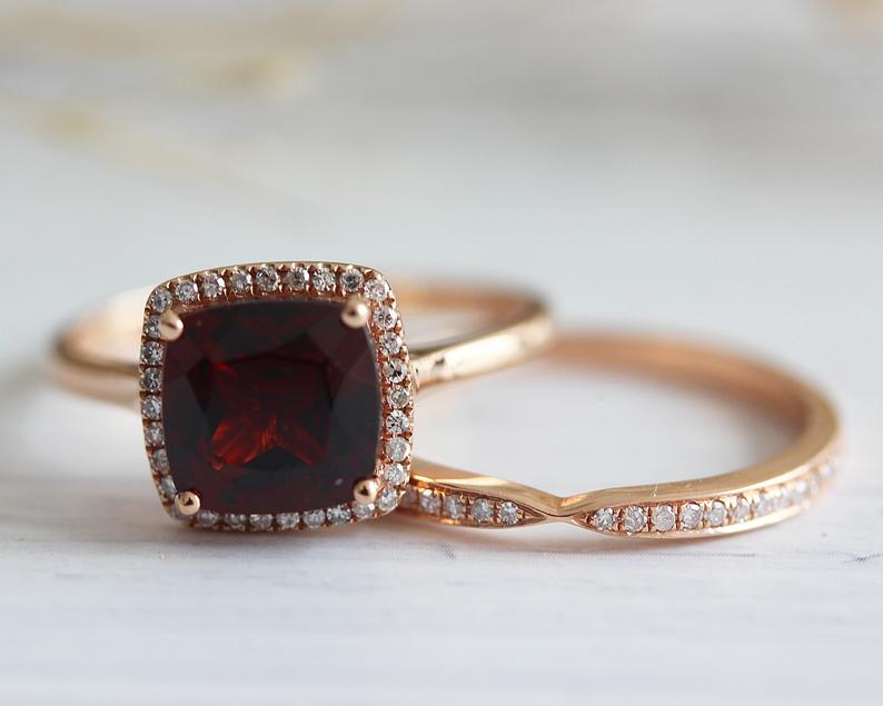 1 CT Cushion Cut Red Garnet Rose Gold Over On 925 Sterling Silver Halo Engagement Bridal Ring Set