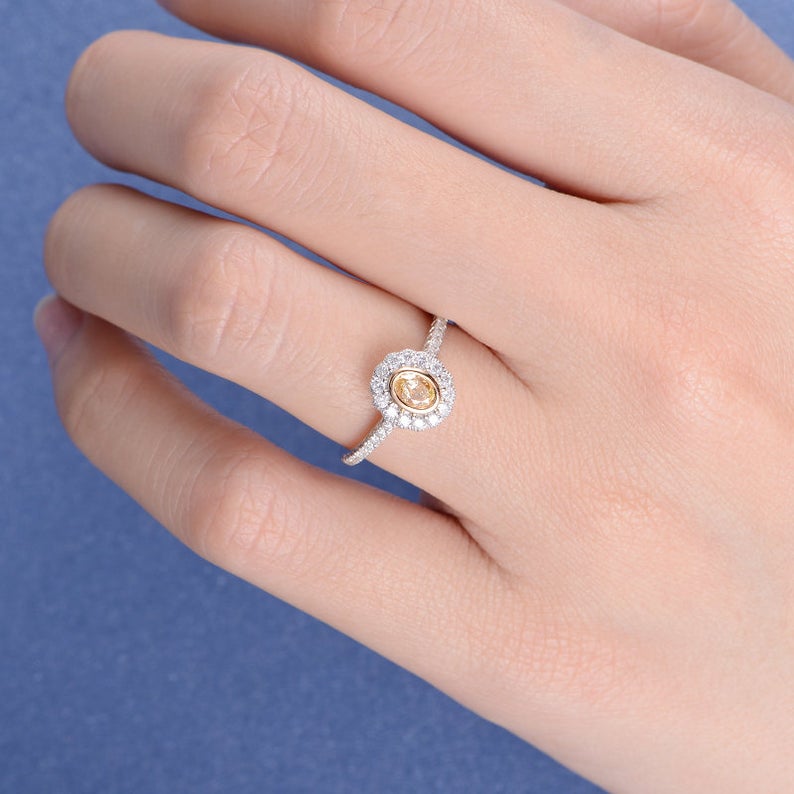 1.75 Ct Oval Cut Yellow Citrine & Round CZ Halo Engagement Ring In 925 Sterling Silver