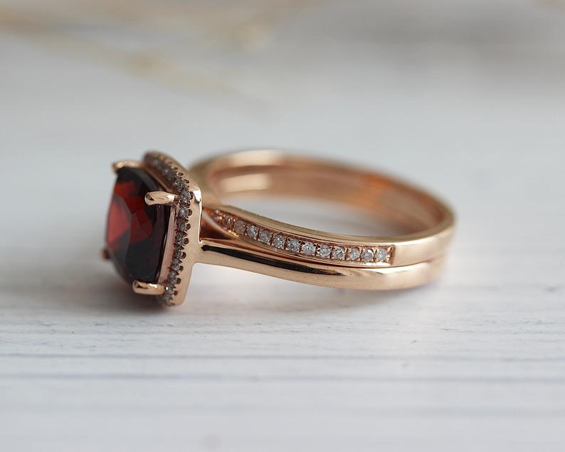 1 CT Cushion Cut Red Garnet Rose Gold Over On 925 Sterling Silver Halo Engagement Bridal Ring Set