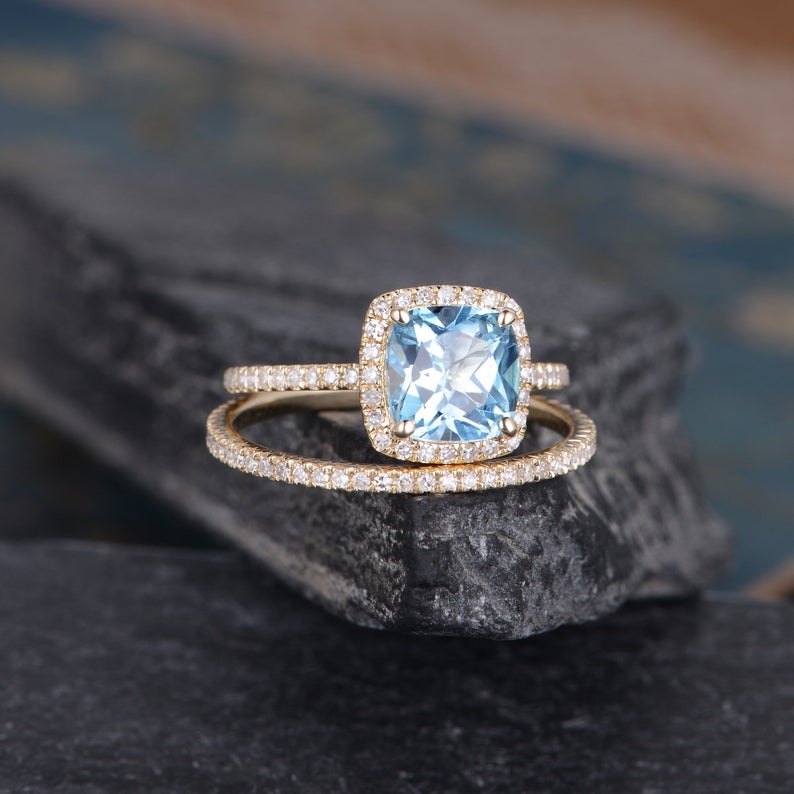 2.50 Ct Cushion Cut Blue Aquamarine 925 Sterling Silver Halo Wedding Bridal Ring Set