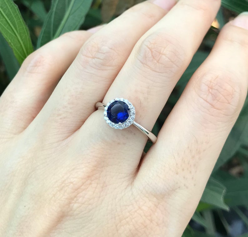 1 CT Round Cut Blue Sapphire Diamond 925 Sterling Silver Halo Anniversary Ring