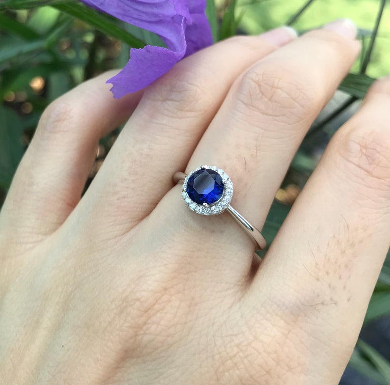 1 CT Round Cut Blue Sapphire Diamond 925 Sterling Silver Halo Anniversary Ring