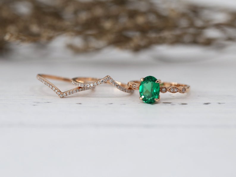 1 CT Oval Cut Emerald Diamond Rose Gold Over On 925 Sterling Silver Half Eternity Wedding Ring Set