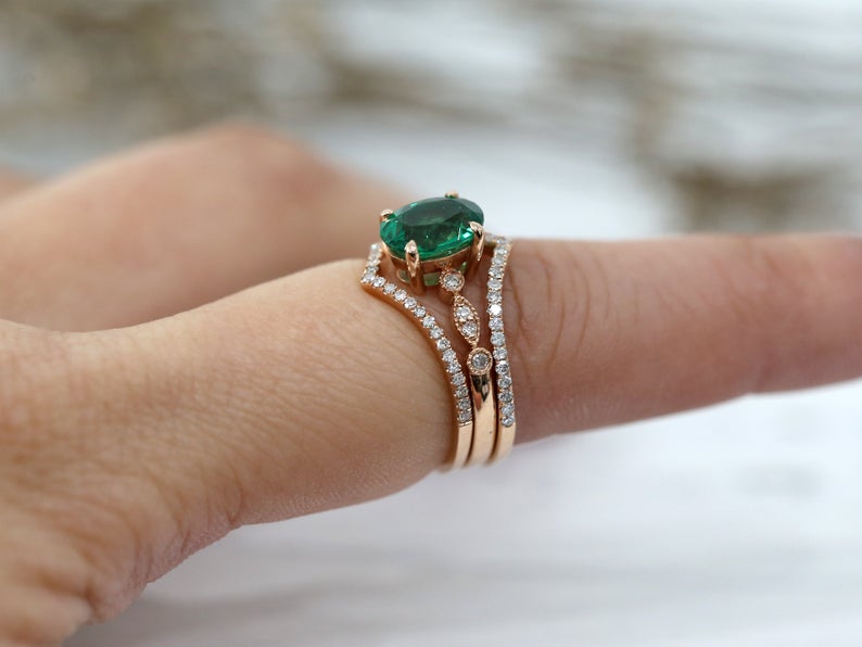 1 CT Oval Cut Emerald Diamond Rose Gold Over On 925 Sterling Silver Half Eternity Wedding Ring Set