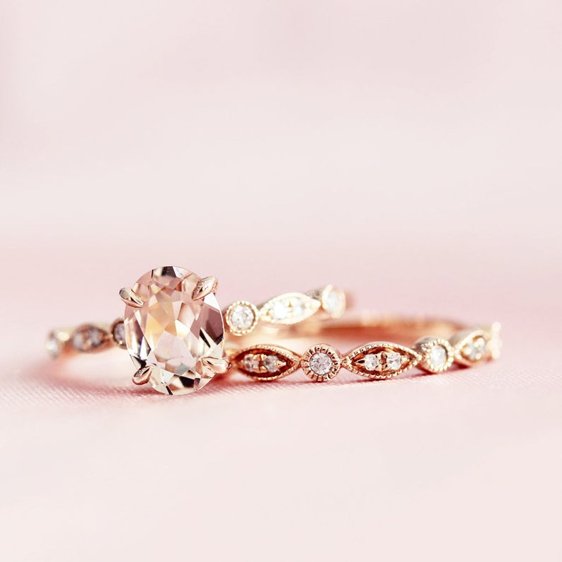 1 CT Oval Cut Morganite Diamond Rose Gold Over On 925 Sterling Silver Bridal Ring Set