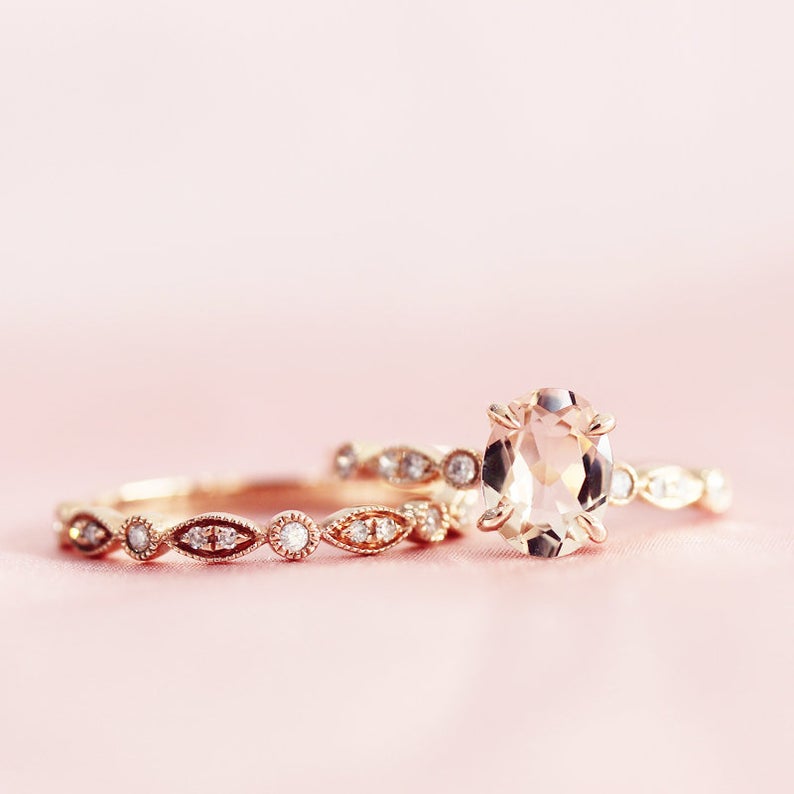1 CT Oval Cut Morganite Diamond Rose Gold Over On 925 Sterling Silver Bridal Ring Set