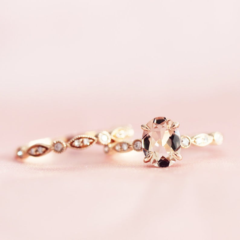 1 CT Oval Cut Morganite Diamond Rose Gold Over On 925 Sterling Silver Bridal Ring Set