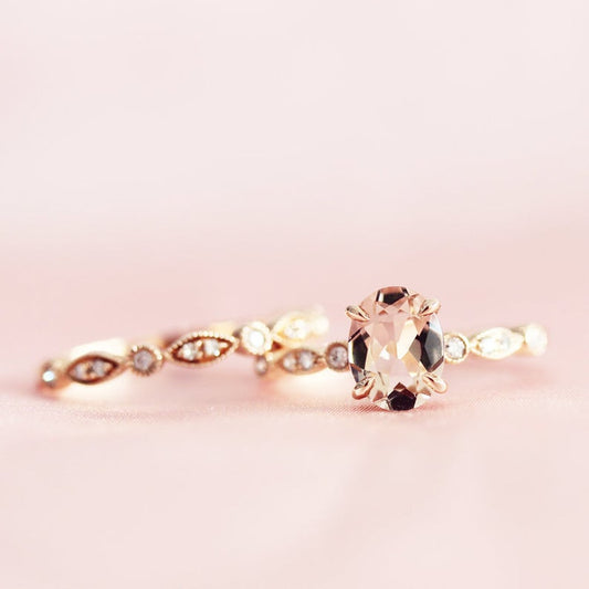 1 CT Oval Cut Morganite Diamond Rose Gold Over On 925 Sterling Silver Bridal Ring Set