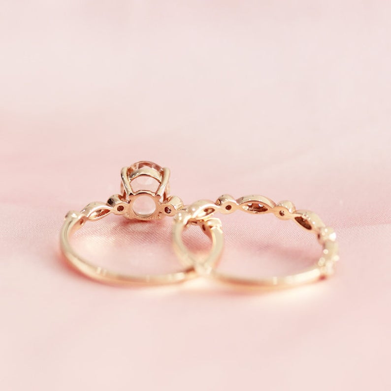 1 CT Oval Cut Morganite Diamond Rose Gold Over On 925 Sterling Silver Bridal Ring Set