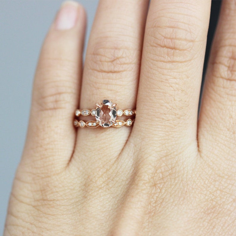 1 CT Oval Cut Morganite Diamond Rose Gold Over On 925 Sterling Silver Bridal Ring Set