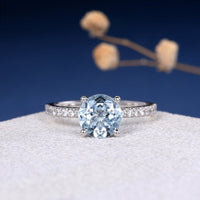 1.50 Ct Round Cut Aquamarine & White CZ 925 Sterling Silver Solitaire W/Accents Ring