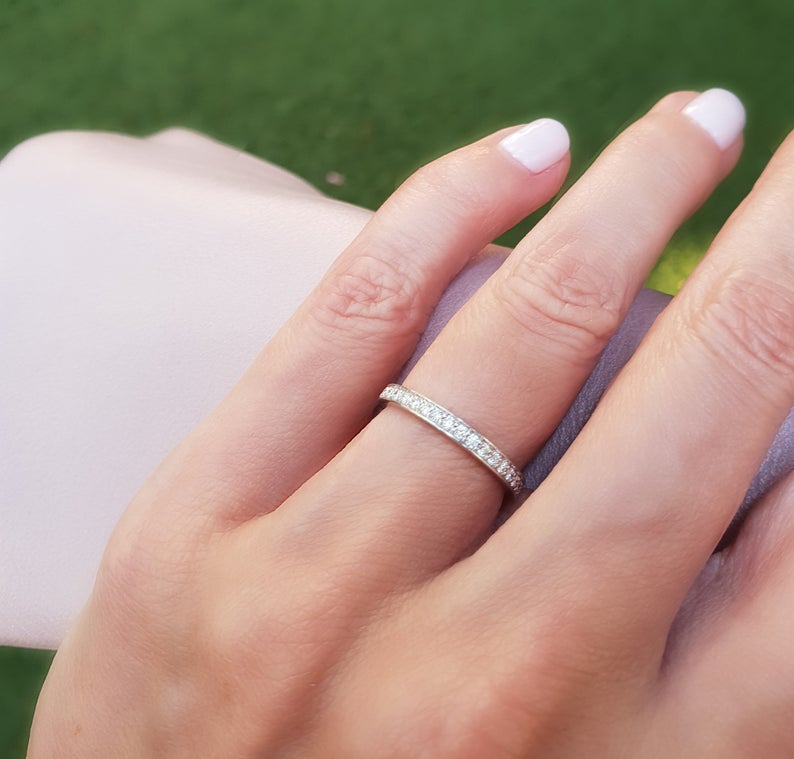 1.20 CT Round Cut Diamond White Gold Over On 925 Sterling Silver Eternity Band Pave Set Ring