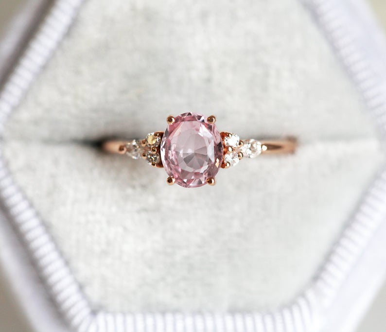 1 CT Oval Cut Pink Sapphire Diamond Rose Gold Over On 925 Sterling Silver Solitaire With Accents Ring