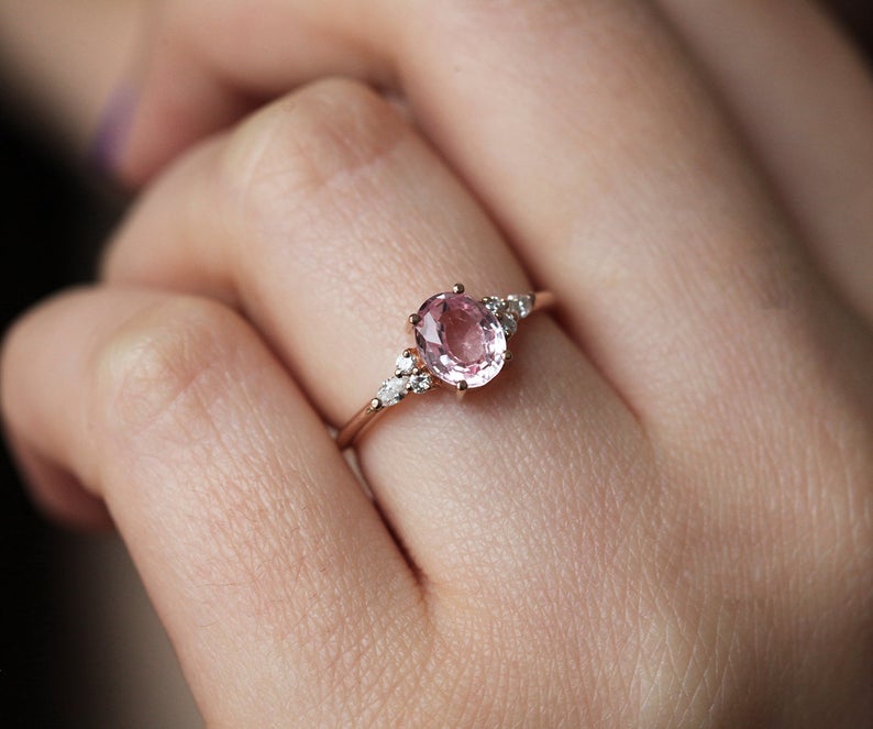 1 CT Oval Cut Pink Sapphire Diamond Rose Gold Over On 925 Sterling Silver Solitaire With Accents Ring