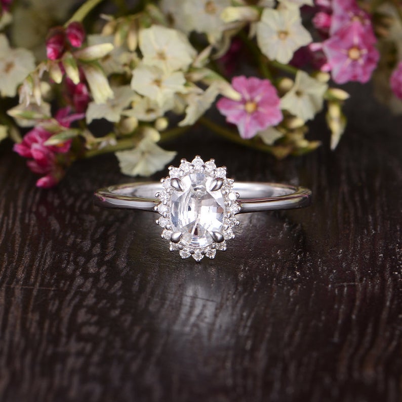 1 CT Oval Cut White Sapphire Diamond White Gold Over On 925 Sterling Silver Halo Woman Wedding Ring