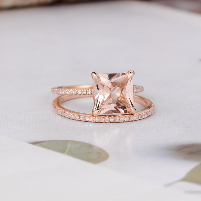 1 CT Princess Cut Morganite Diamond Rose Gold Over On 925 Sterling Silver Women Halo Bridal Ring Set