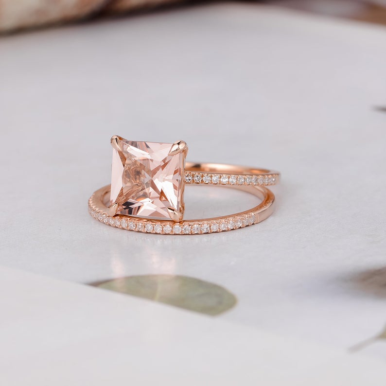 1 CT Princess Cut Morganite Diamond Rose Gold Over On 925 Sterling Silver Women Halo Bridal Ring Set