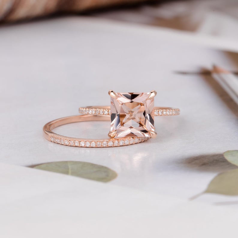 1 CT Princess Cut Morganite Diamond Rose Gold Over On 925 Sterling Silver Women Halo Bridal Ring Set