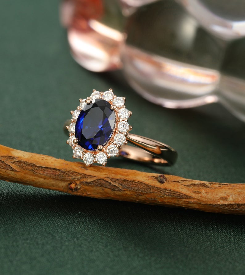 2 CT Oval Cut Blue Sapphire Diamond Rose Gold Over On 925 Sterling Silver Halo Women Promise Ring