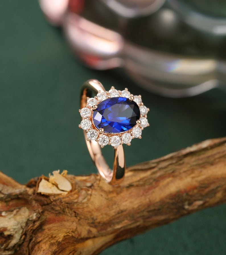 2 CT Oval Cut Blue Sapphire Diamond Rose Gold Over On 925 Sterling Silver Halo Women Promise Ring